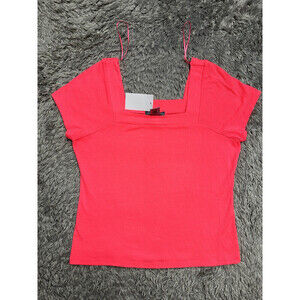 Good Luck Gem Women's T-Shirt Ribbed Square Neck Tee Shirt Neon Pink Size M